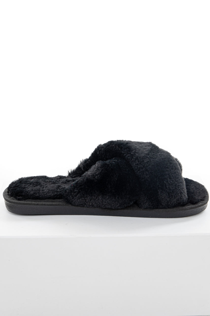 Black Super Soft Fuzzy Slippers with Criss Cross Straps