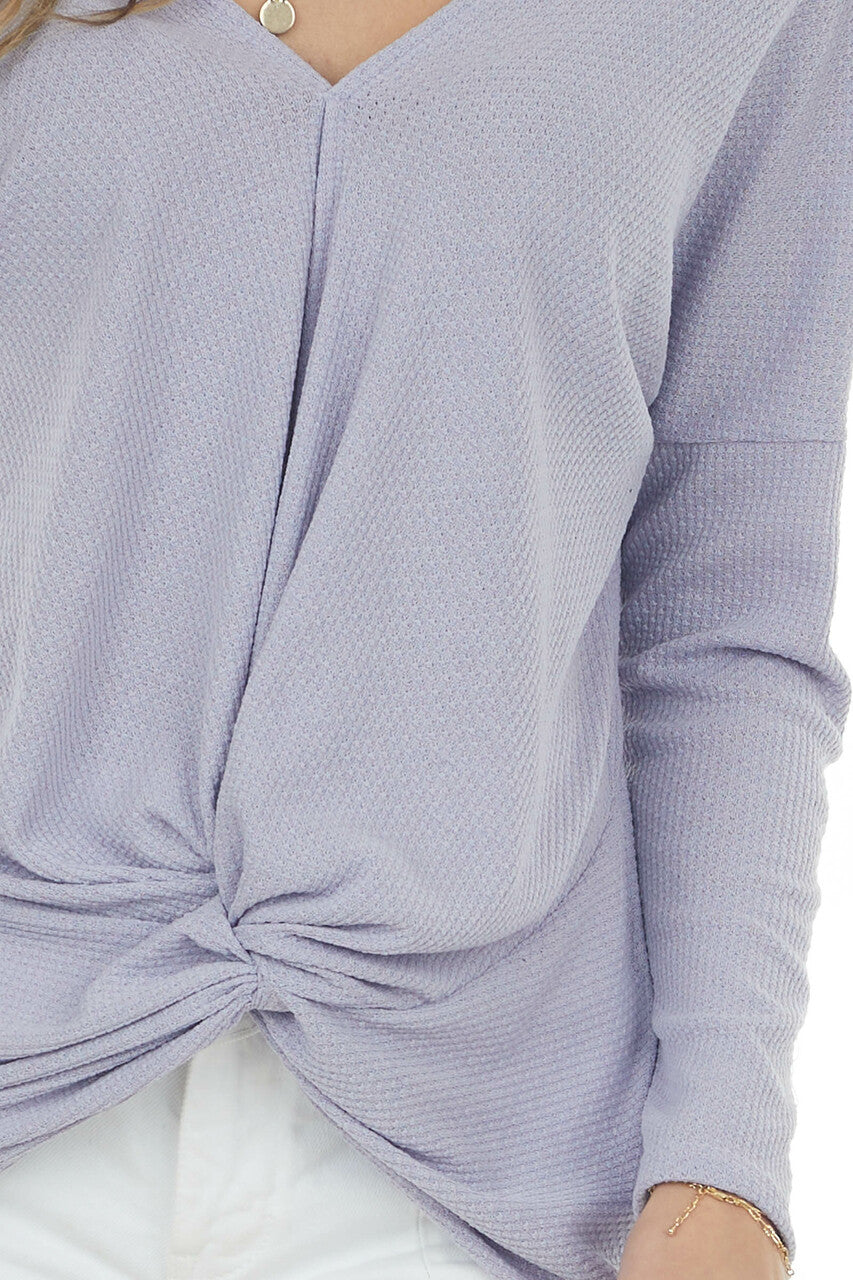 Lavender Surplice Front Knot Waffle Knit Top 