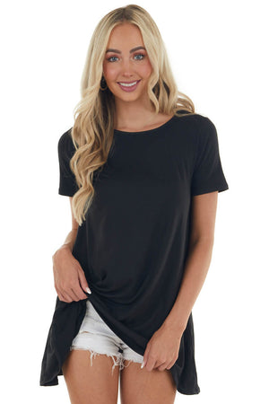 Black Short Sleeve Tunic Top with Side Pockets
