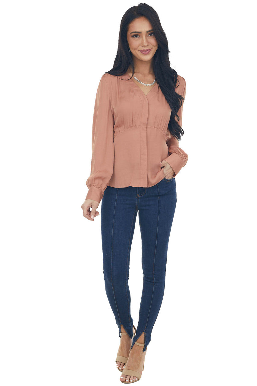 Dusty Apricot V Neck Drop Waist Satin Blouse