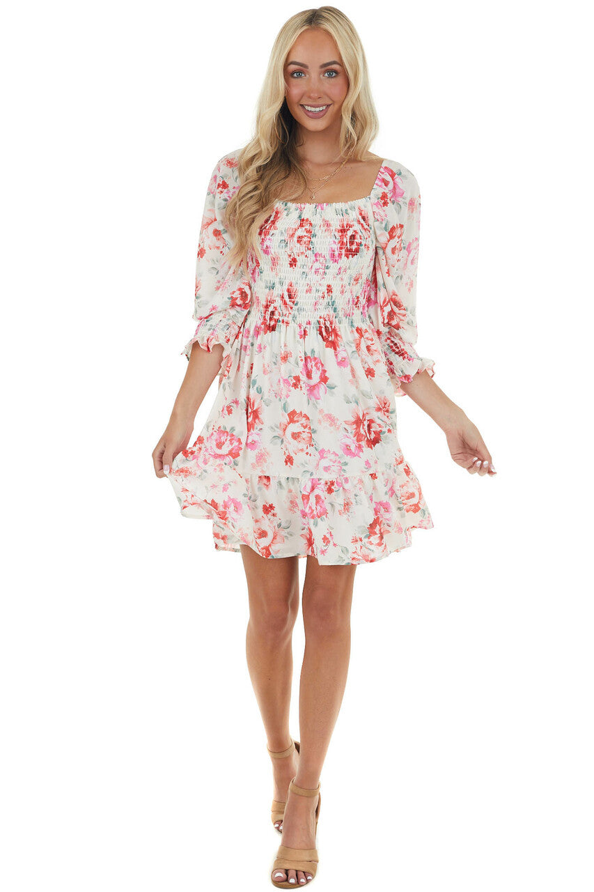 Cream and Ruby and Smocked Bust Long Sleeve Mini Dress 