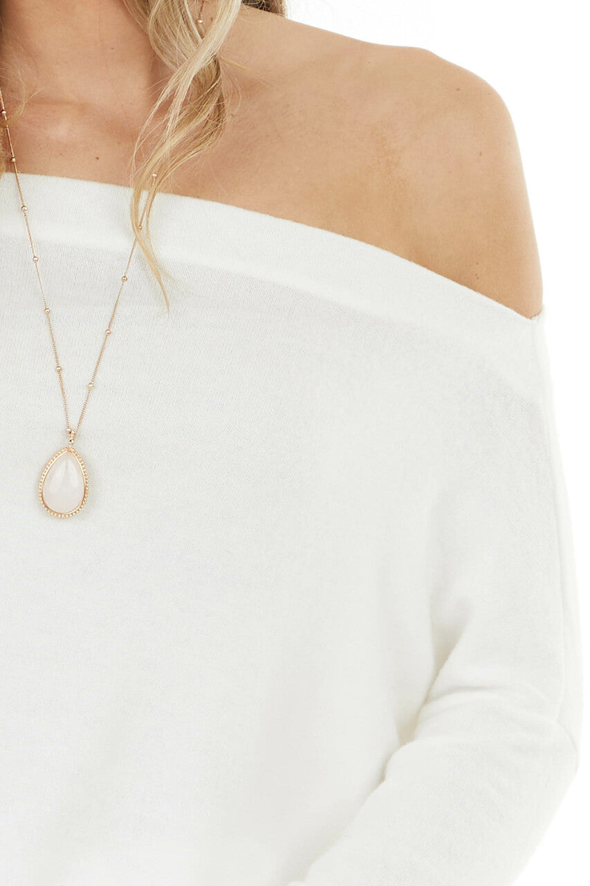 Ivory Off the Shoulder Long Sleeve Soft Knit Top
