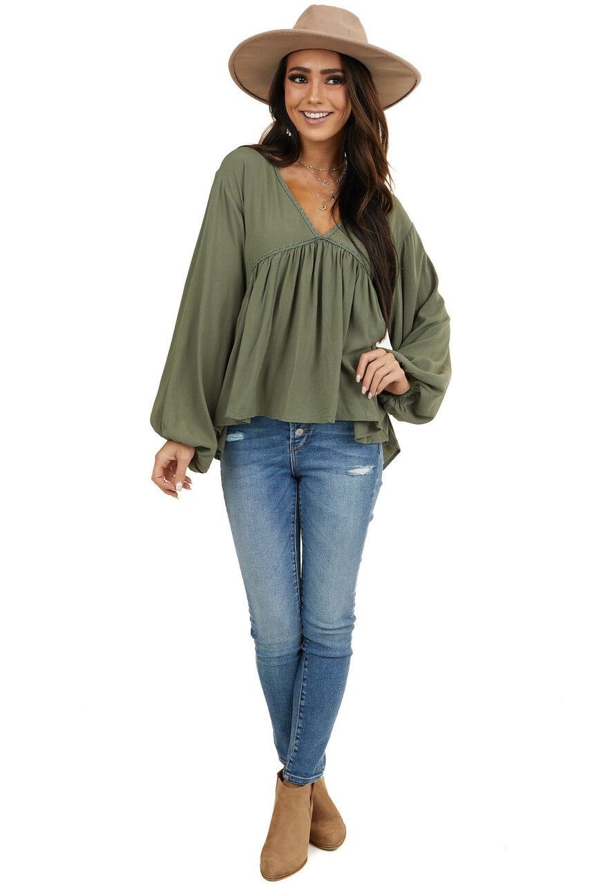 Faded Olive Drop Waist Top with Tied Back and Bubble Sleeves 