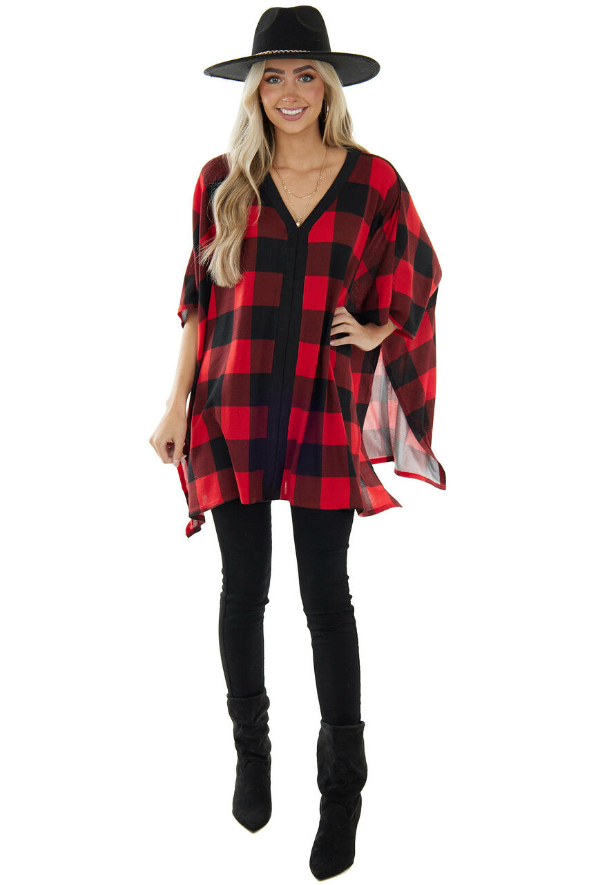 Pomegranate Buffalo Plaid V Neck Poncho Top 