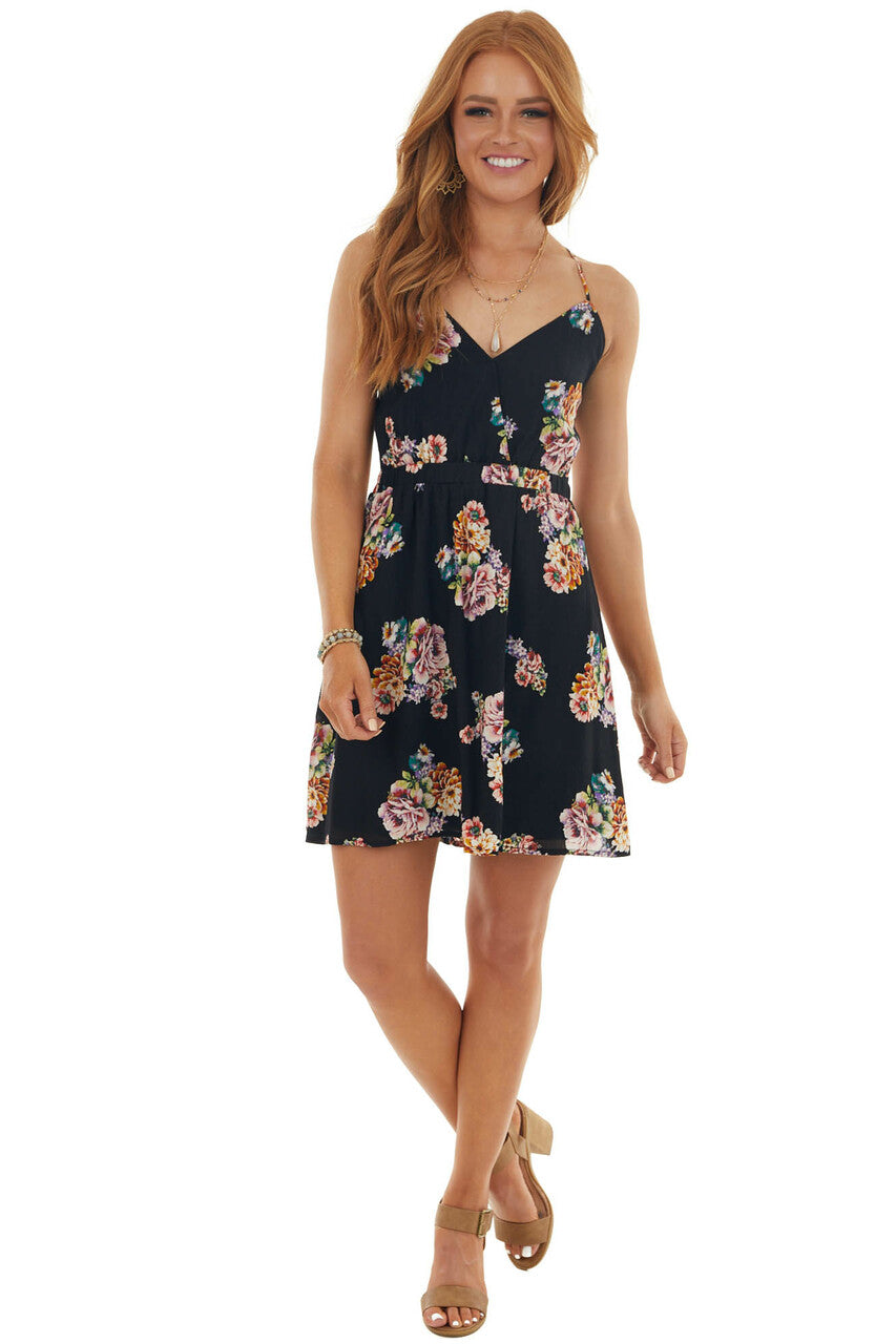 Black Floral Open Back Sleeveless Mini Dress