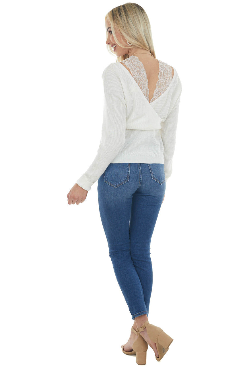 Ivory Lace Strap Ribbed Knit Light Sweater
