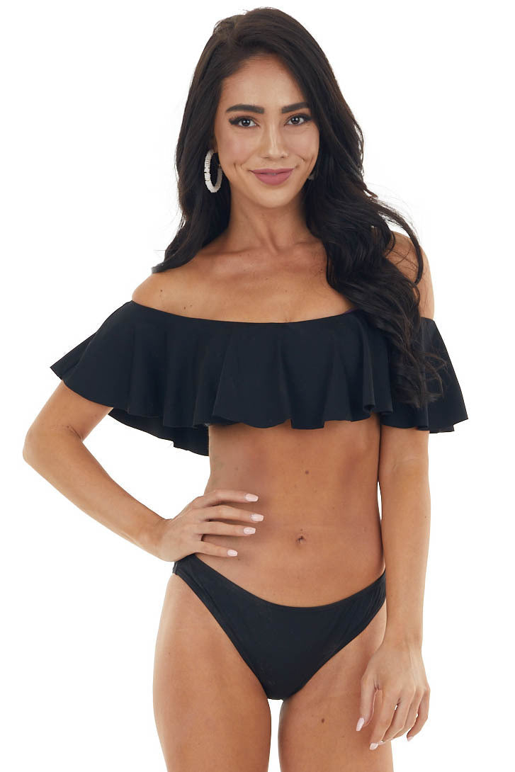 Black Bandeau Style Bikini with Ruffled Overlay Details
