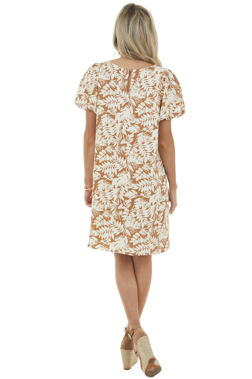 Light Sepia Leaf Print Woven Dress with Short Puff Sleeves