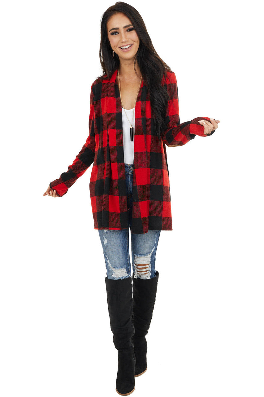 Crimson and Black Buffalo Plaid Cardigan with Elbow Patches