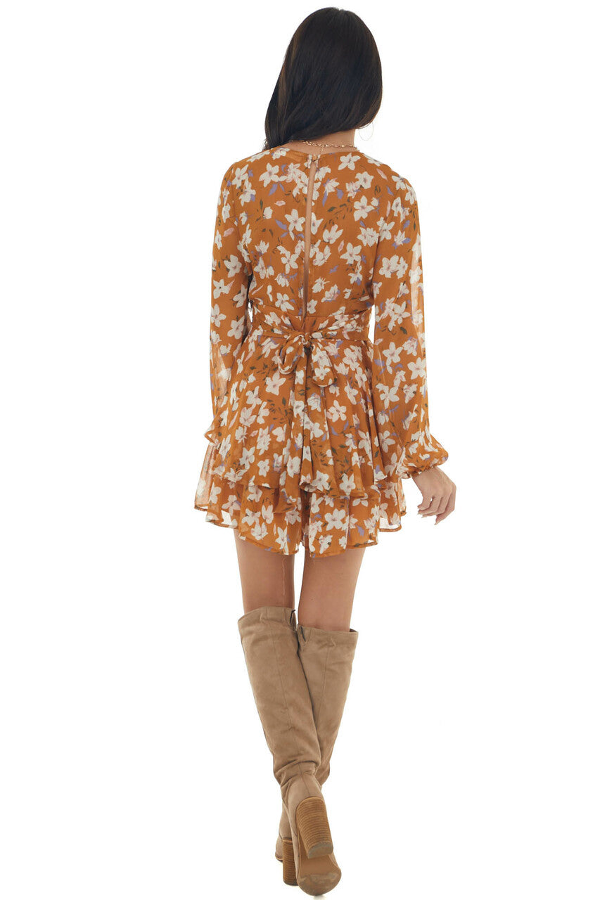 Caramel Floral Print Surplice Tiered Romper 