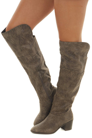 Taupe Textured Faux Leather Stacked Heel Boots