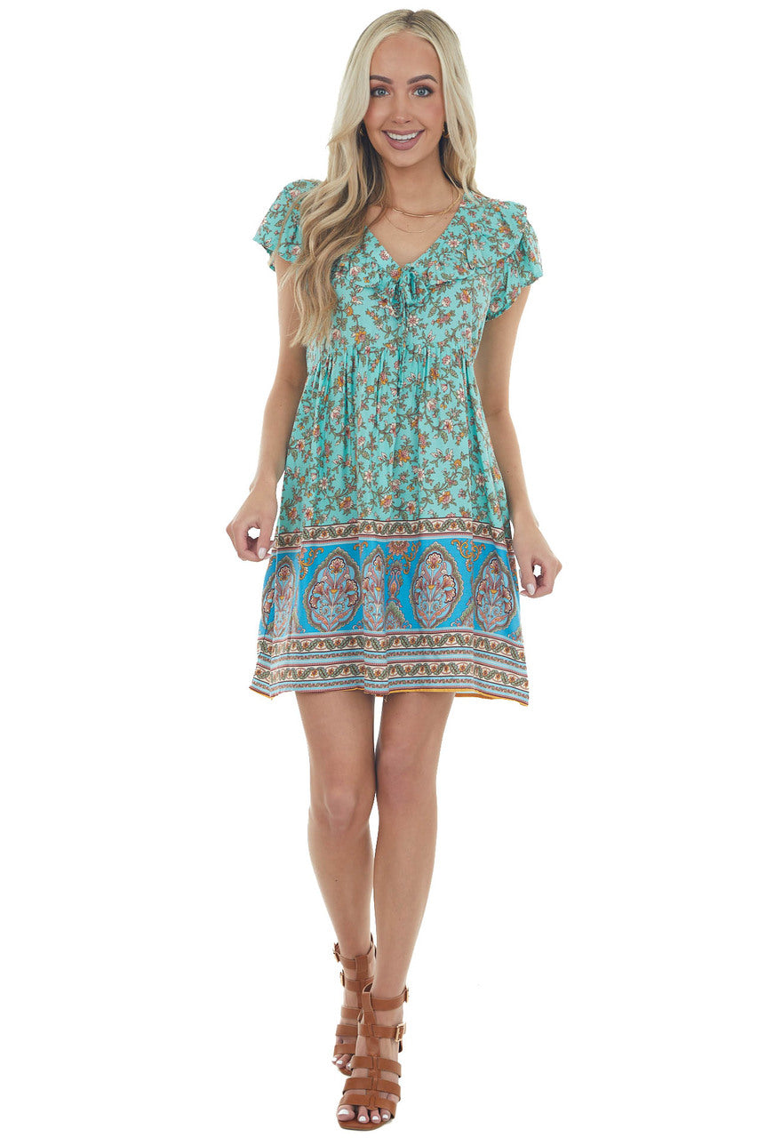 Aquamarine Multiprint Cap Sleeve Short Dress