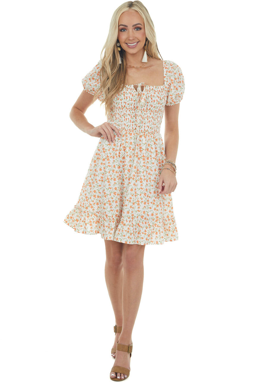 Ivory and Sunset Floral Smocked Short Dress