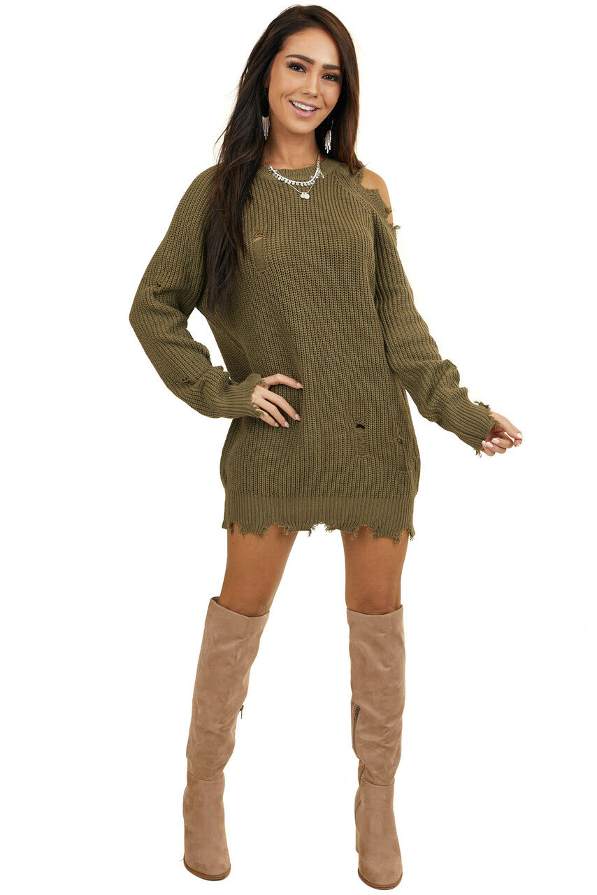 Olive Cold Shoulder Sweater Dress with Distressed Details