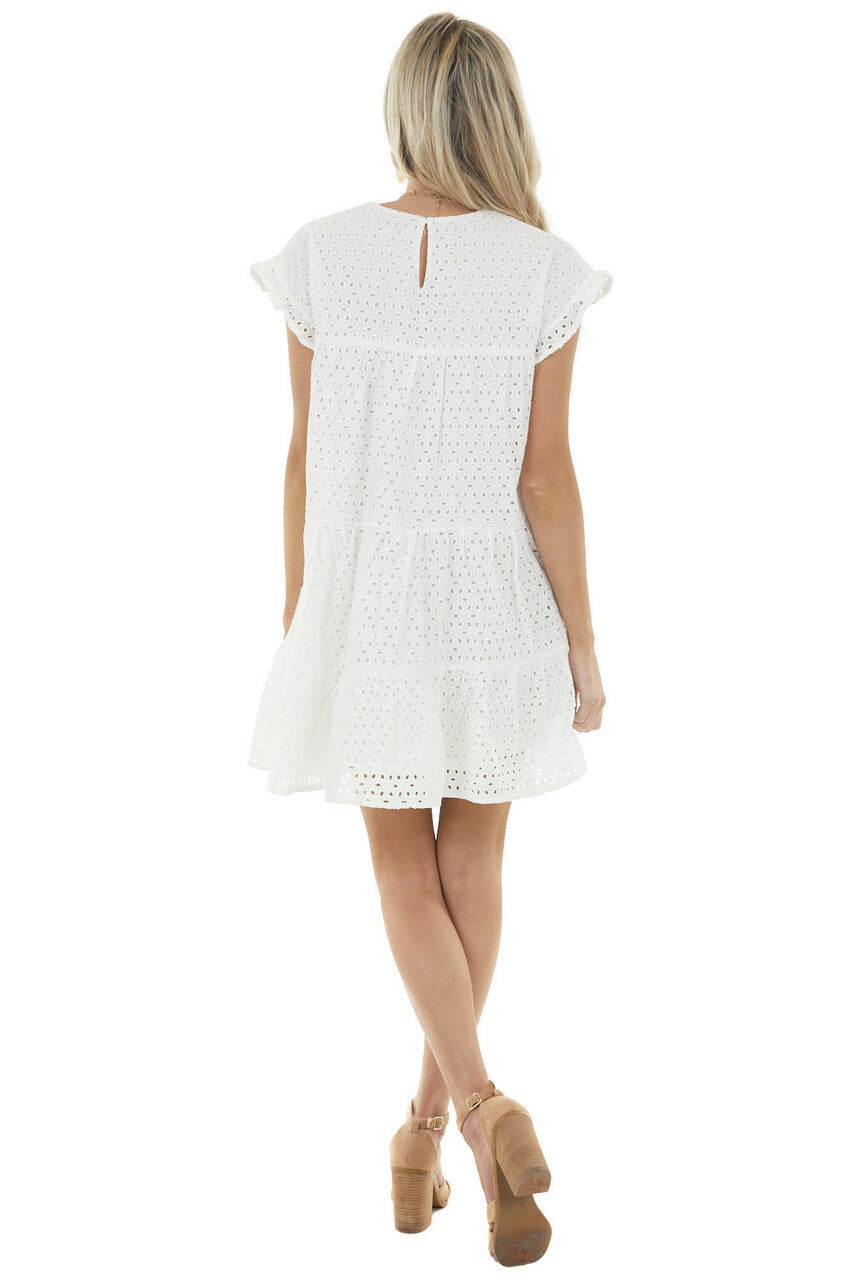 Off White Eyelet Woven Short Dress with Ruffle Sleeves
