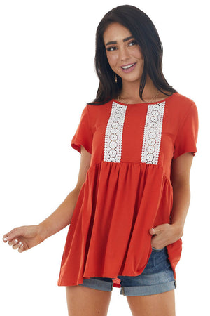 Rust Short Sleeve Top with Lace Detail 