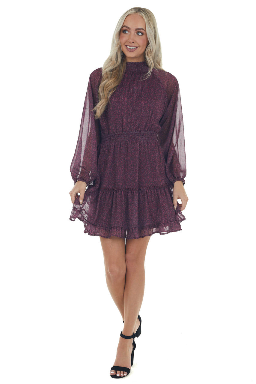 Berry Ditsy Floral Smocked Mock Neck Dress