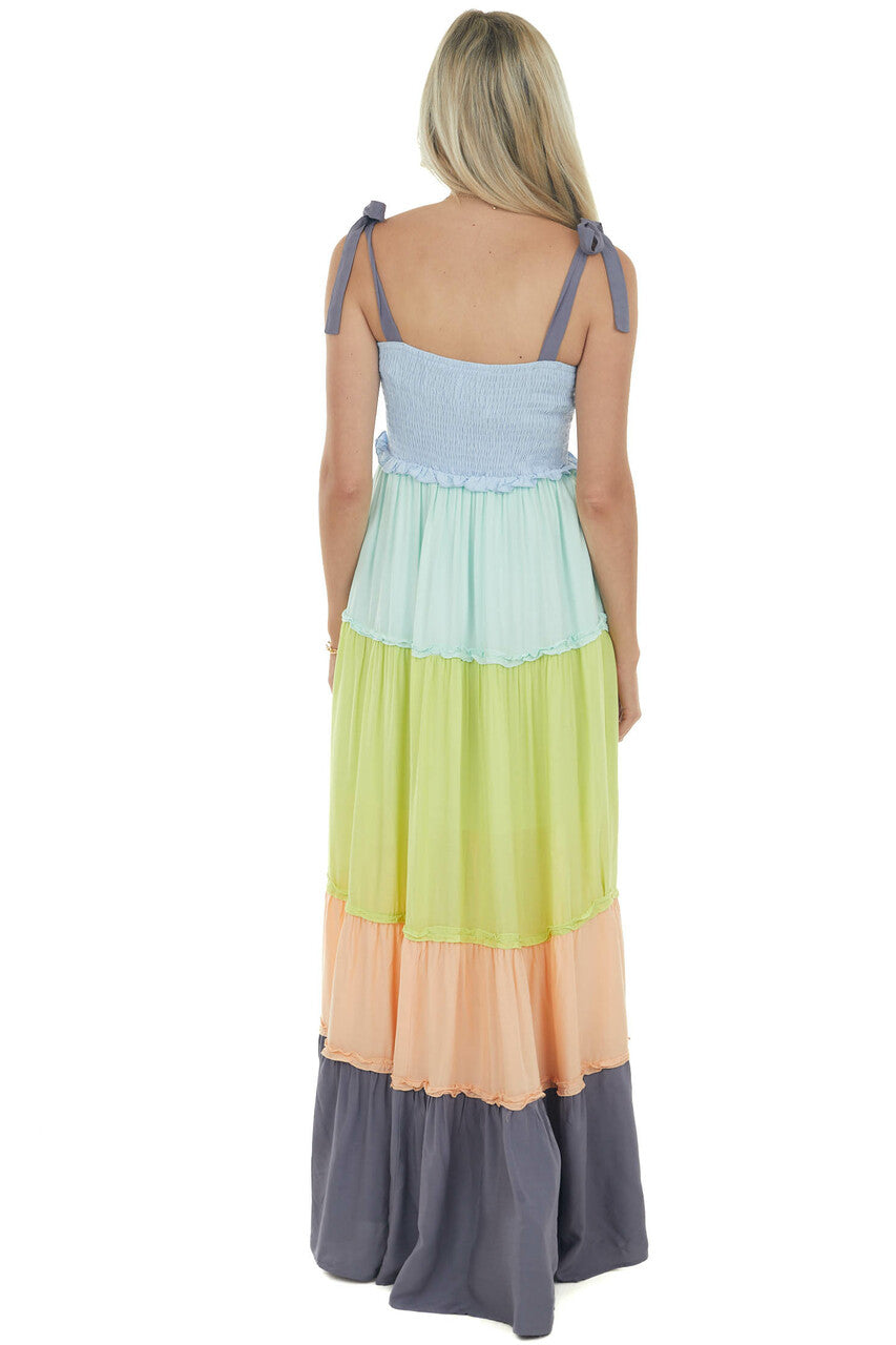 Aqua Colorblock Tiered Maxi Dress with Tie Straps