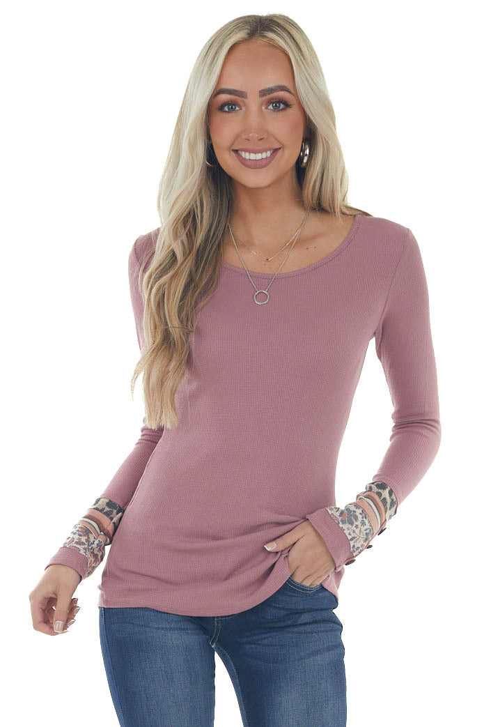 Mauve Waffle Knit Top with Multiprint Cuff 