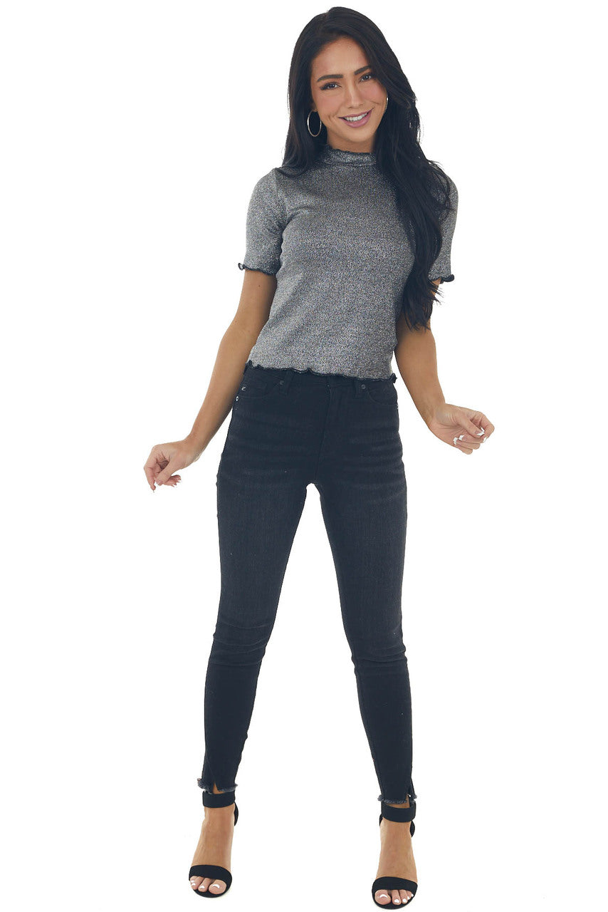 Silver Metallic Thread Lettuce Trim Fitted Top