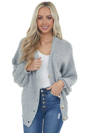Dove Grey Button Front V Neck Loose Cardigan