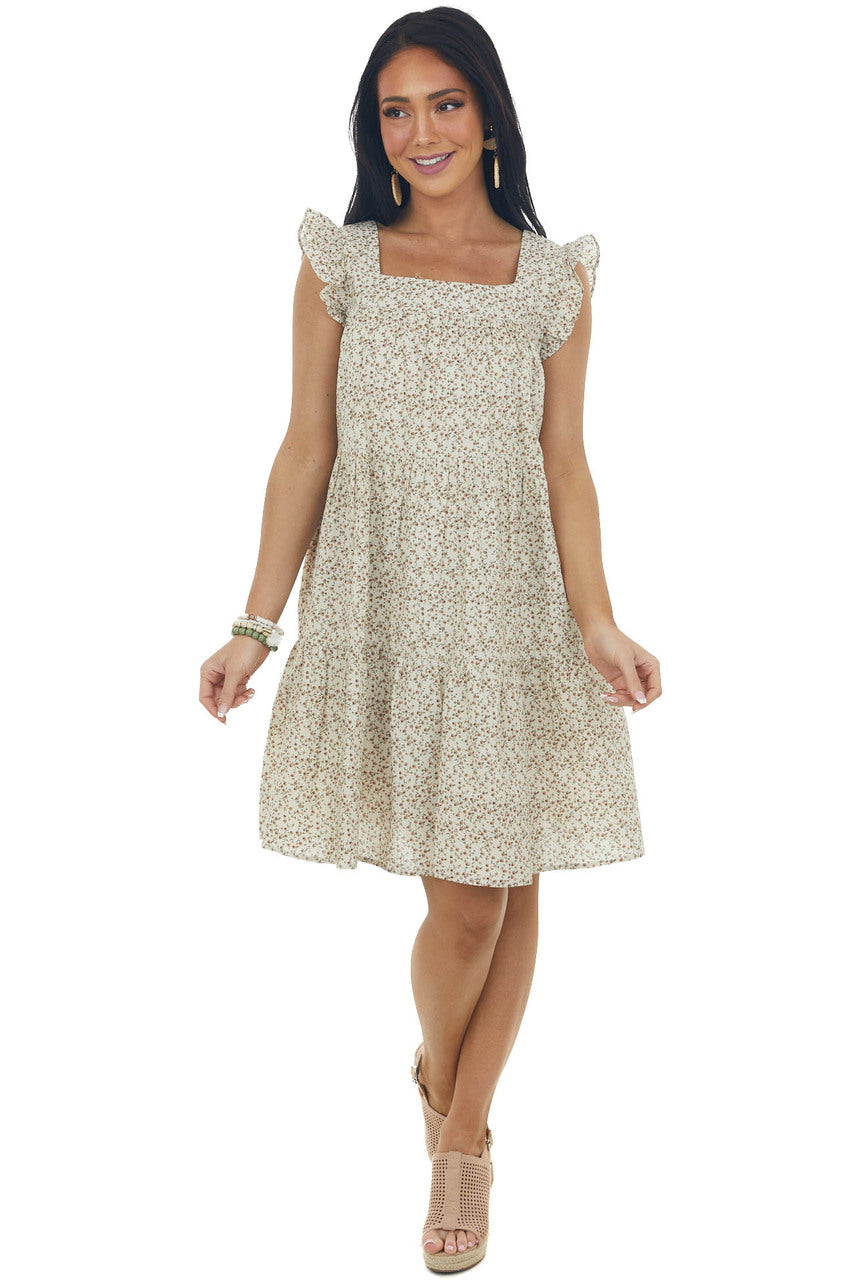 Cream Ditsy Floral Textured Square Neck Dress 
