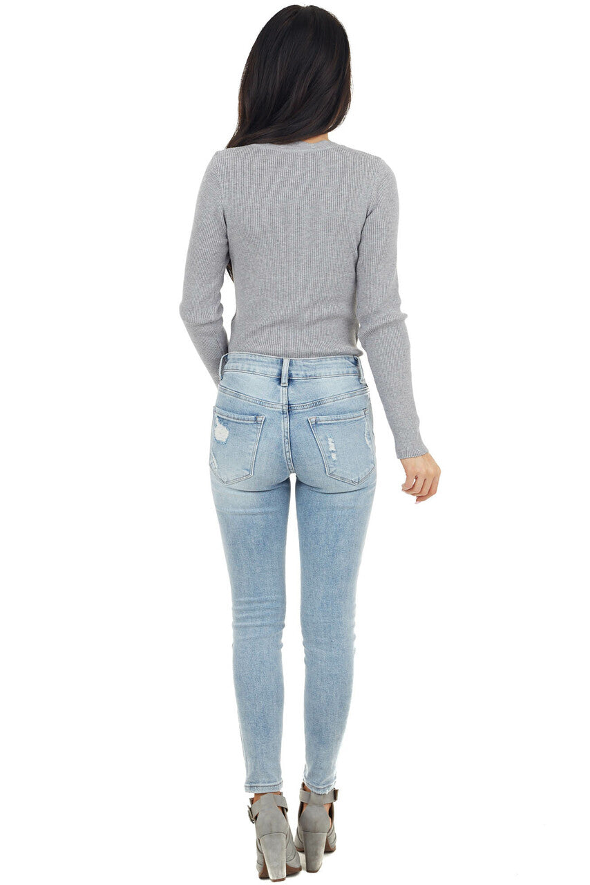 Dove Grey Ribbed Knit Bodysuit with Scalloped Neckline