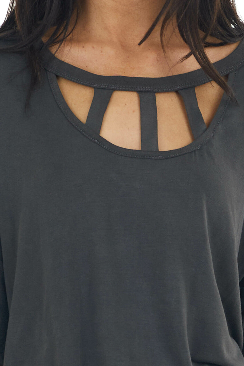 Charcoal Half Sleeve Knit Top with Chest Cut Outs