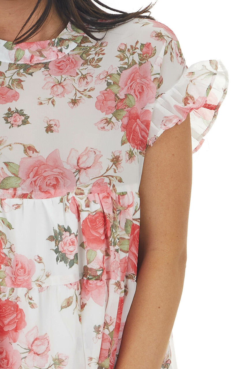 Ivory Floral Print Babydoll Short Dress with Short Sleeves 