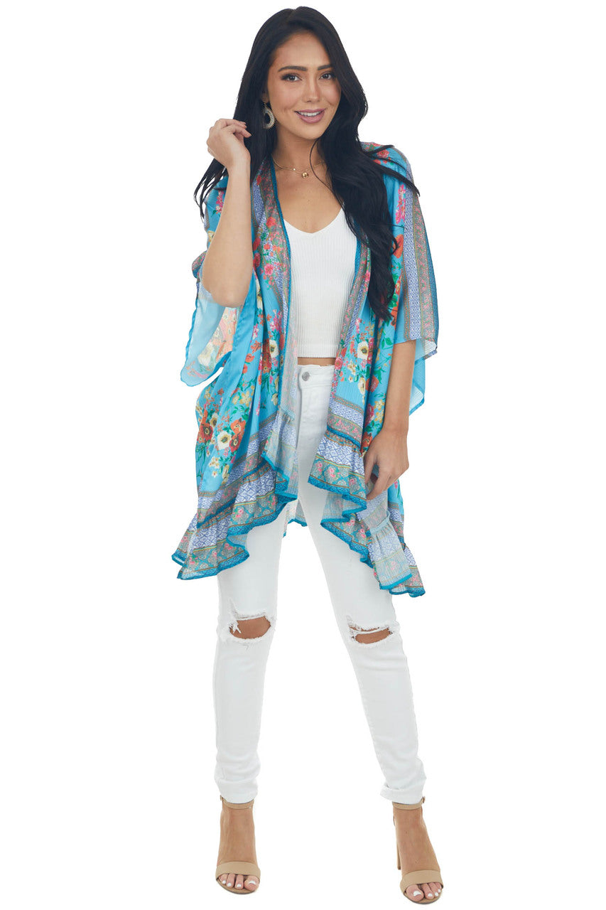 Ocean Floral Short Sleeve Open Front Kimono