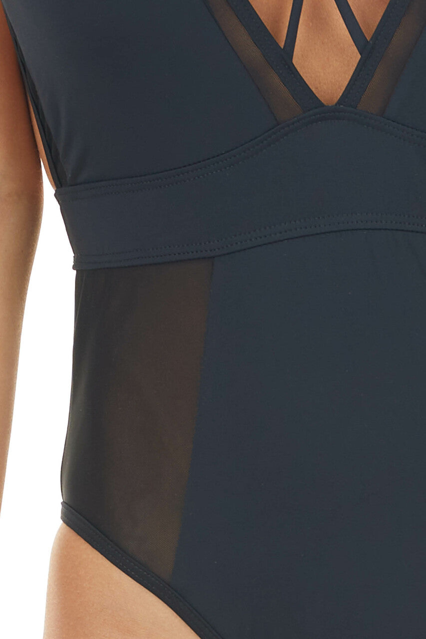 Black One Piece Swimsuit with Mesh Details