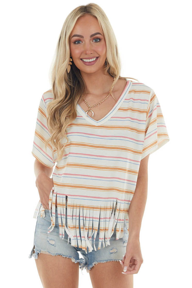 Cream Multicolor Striped Fringed Hem Knit Top