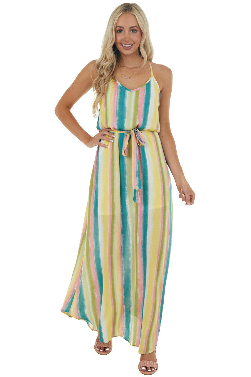 Sea Blue Striped Maxi Dress with Tie Waist