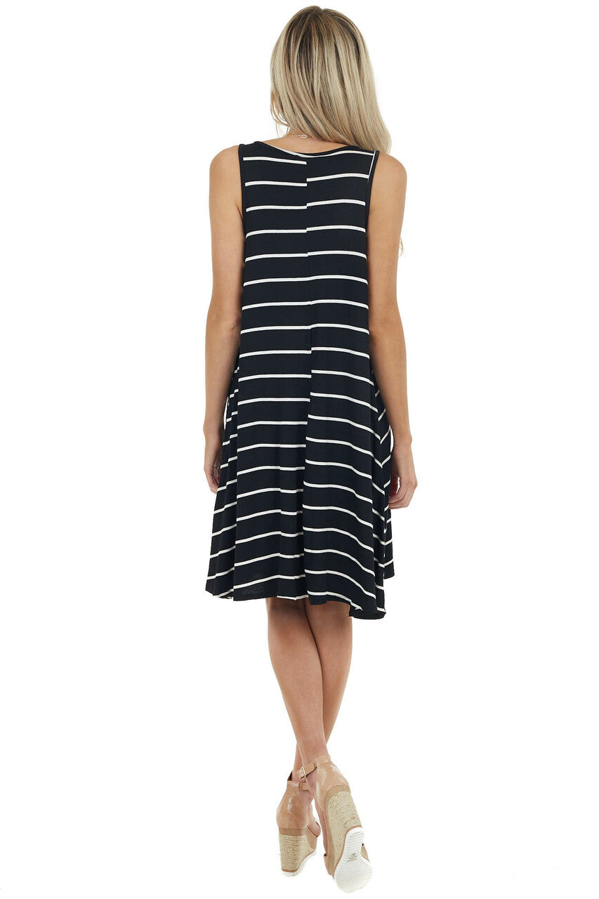 Black and Off White Striped Sleeveless Short Swing Dress