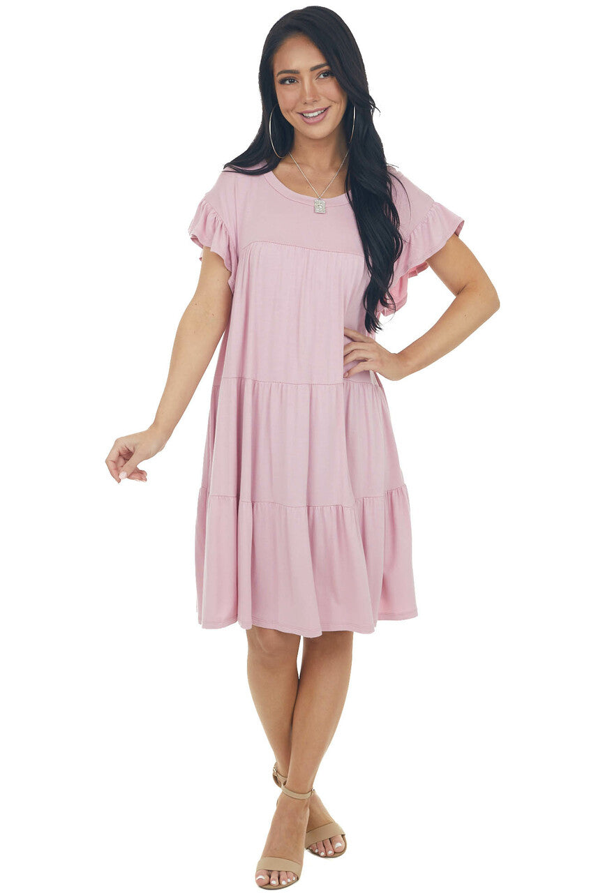 Carnation Pink Flutter Sleeve Tiered Dress