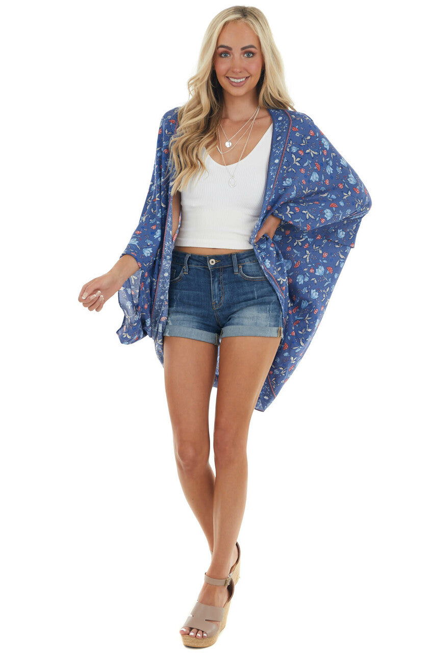 Dusty Blue Floral Cocoon Hem Open Front Kimono