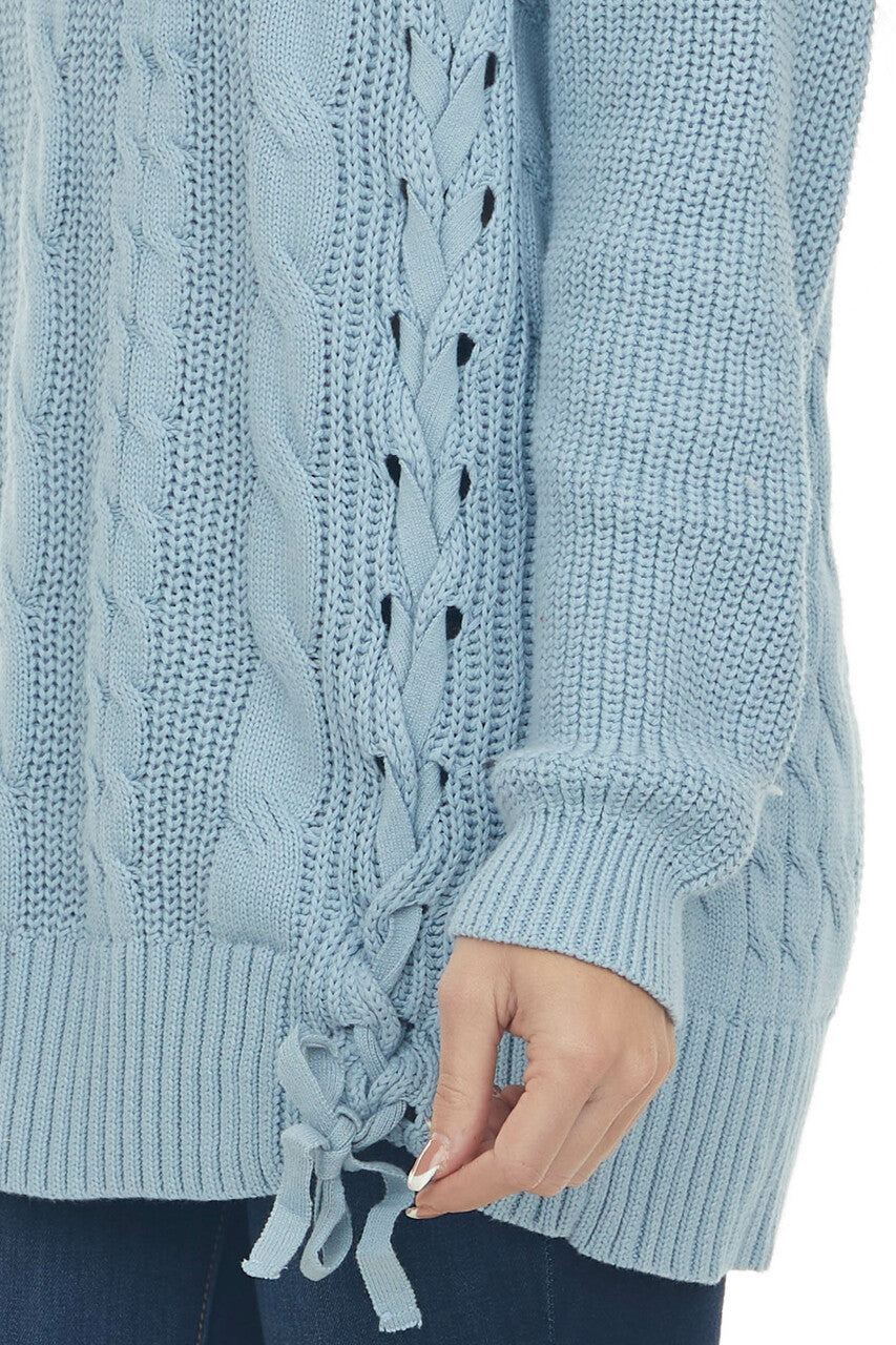 Powder Blue V Neck Loose Cable Knit Sweater