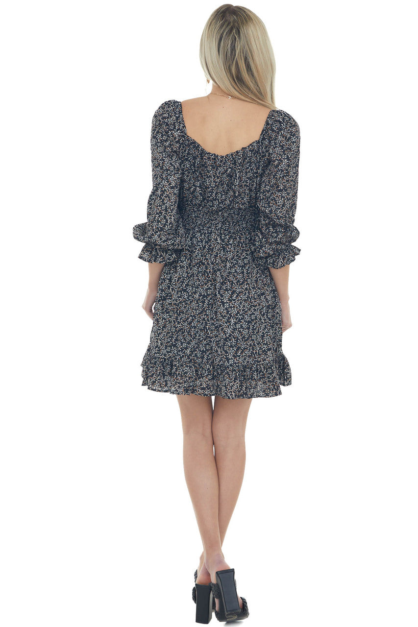 Black Printed Long Bubble Sleeve Short Dress