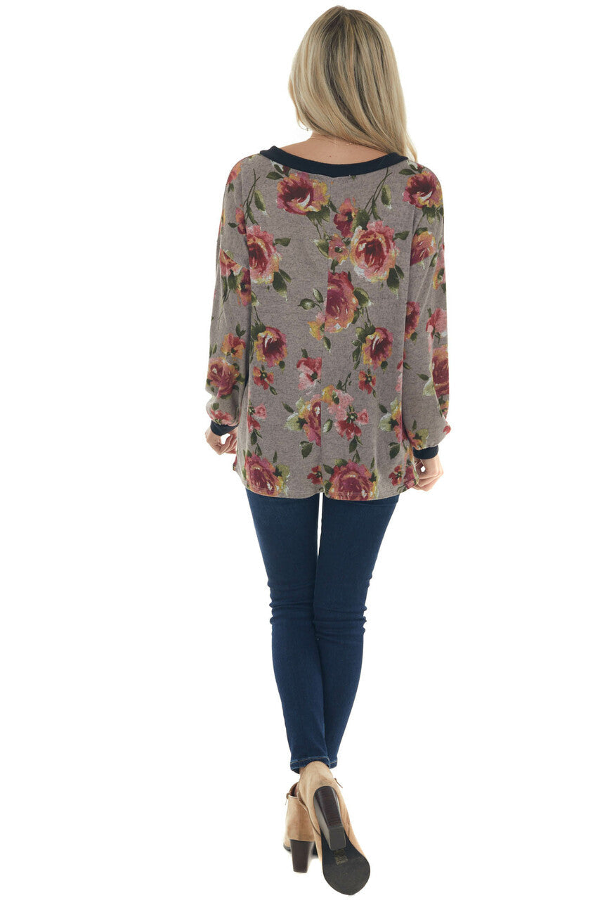Taupe Floral Print Long Sleeve V Neck Knit Top 