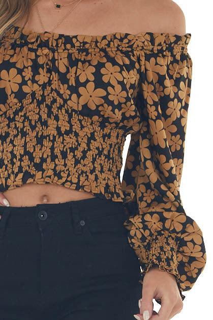 Black and Copper Floral Cropped Satin Blouse