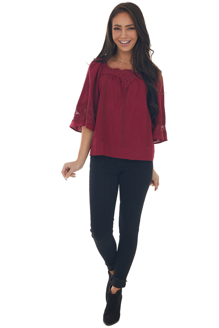 Maroon Flare Sleeve Lace Trim Blouse