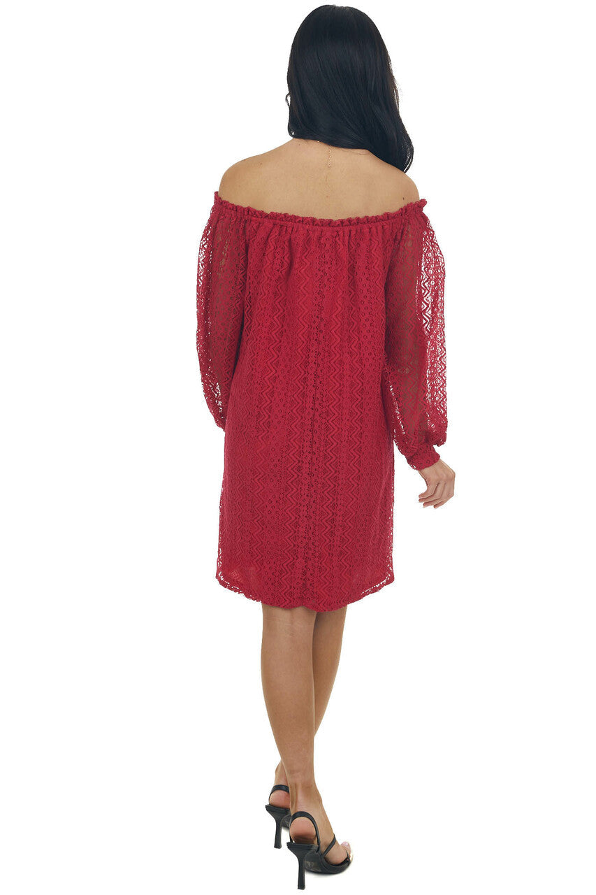 Crimson Off the Shoulder Lace Short Dress