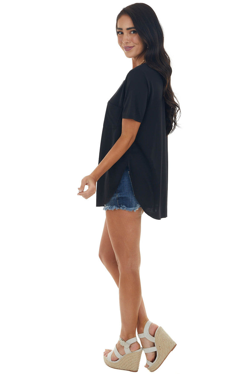 Black Flowy Knit Top with Single Chest Pocket