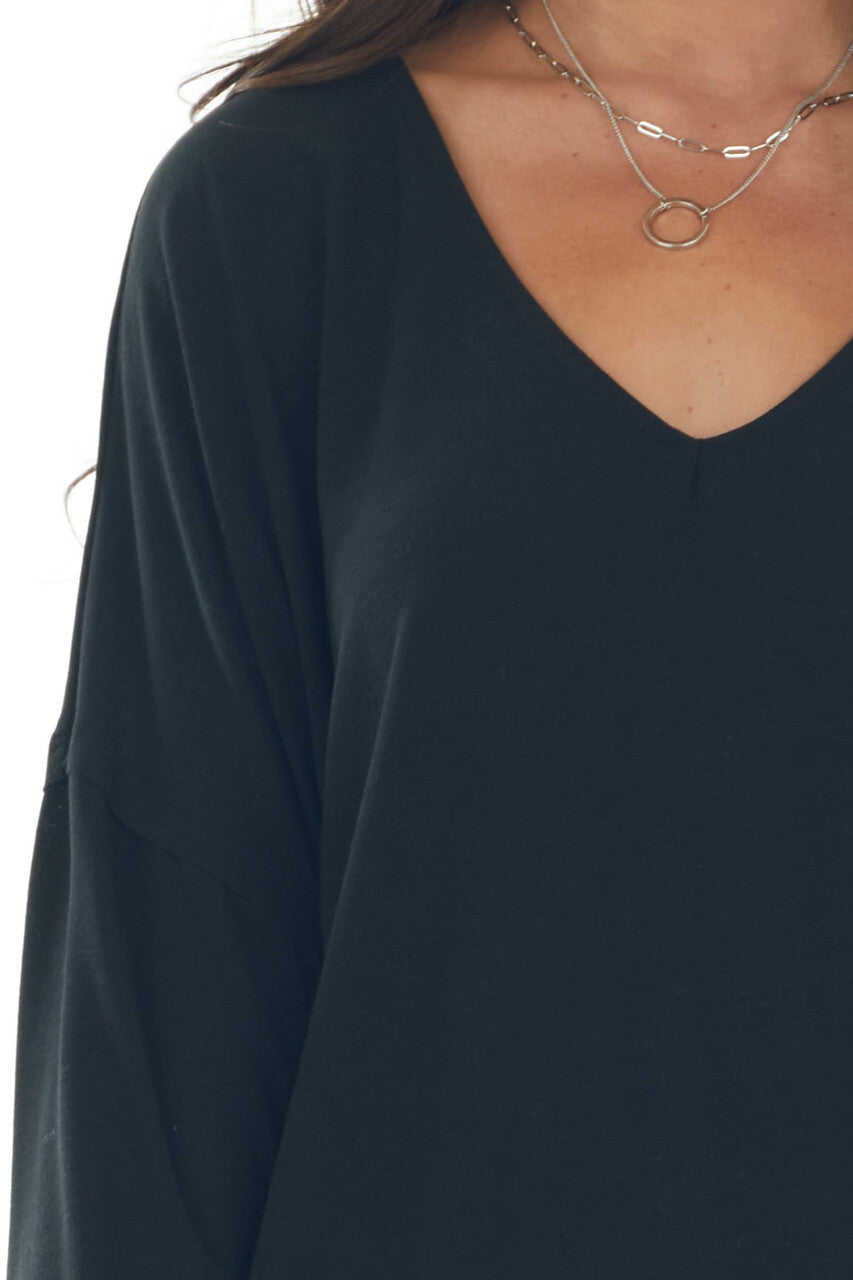 Black Drop Shoulder Knit Top with V Neck