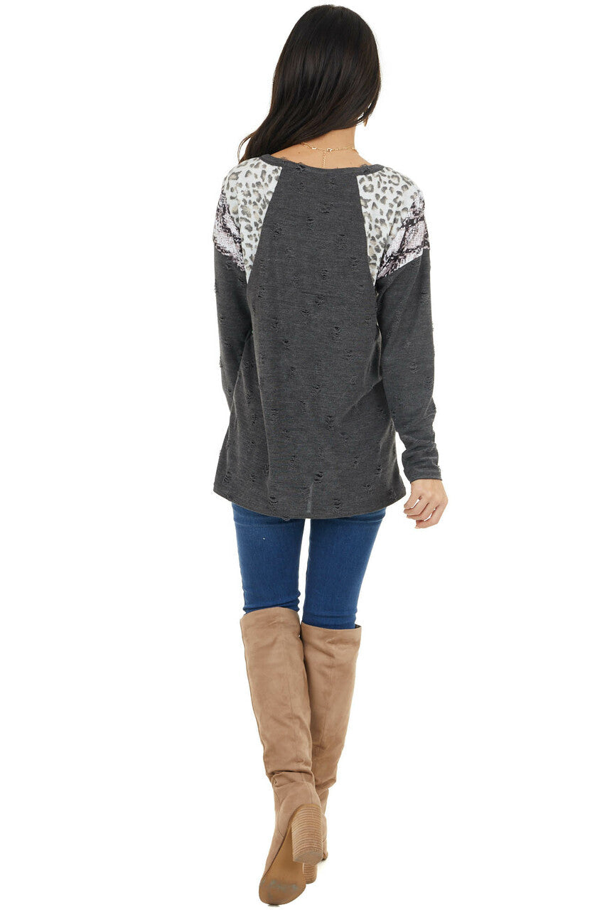 Charcoal Distressed Top with Leopard and Snake Print