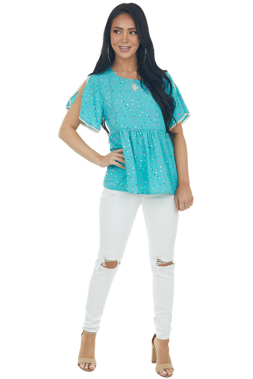 Teal Multicolor Polka Dot Drop Waist Woven Top