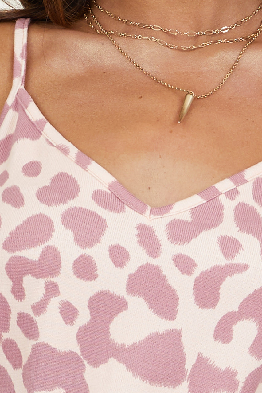 Peach and Mauve Leopard Print Tank Top with V Neckline 