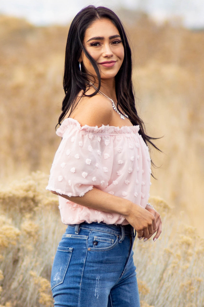 Blush Swiss Dot Off the Shoulder Crop Top with Elastic Hem