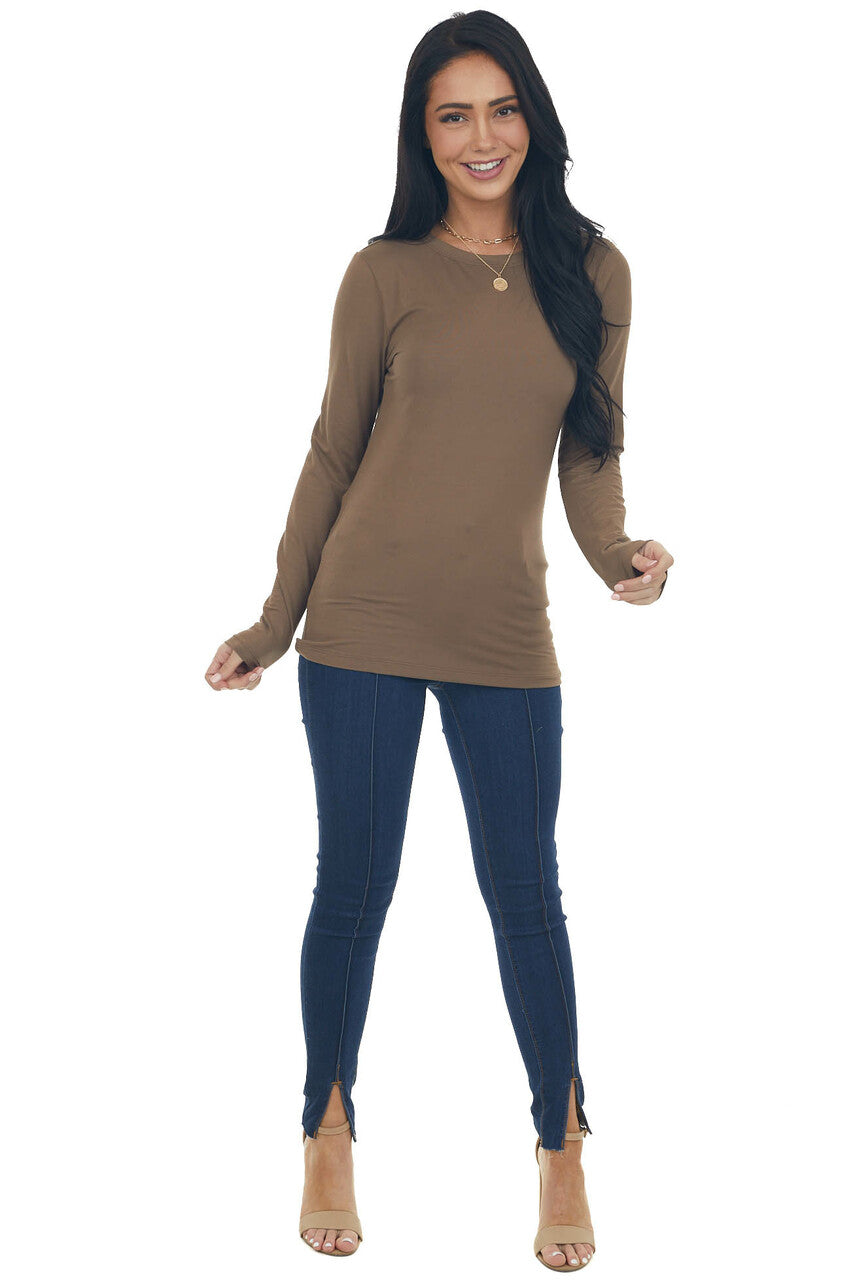 Coffee Solid Soft Knit Top with Long Sleeves