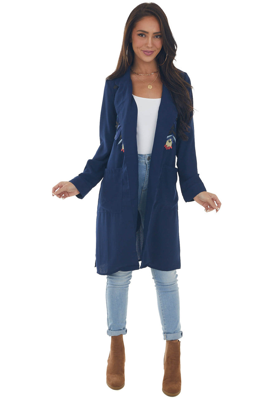 Navy Floral Embroidered Open Midi Jacket 